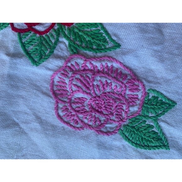 Hand Embroidered Roses Linen Table Runner Red Pink Yellow - Picture 4 of 4